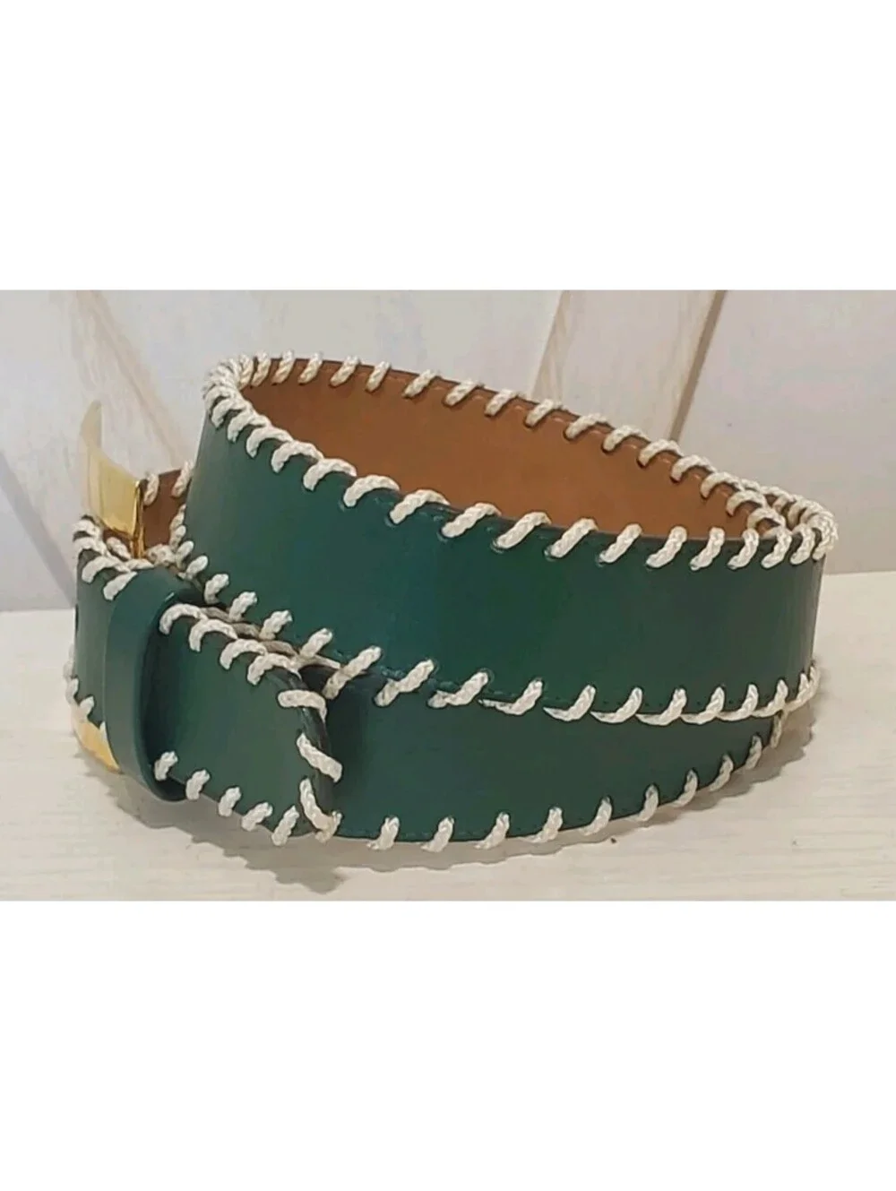 LOUIS FERAUD Green Leather Belt Beige Whipstitch Paris France Golden Buckle